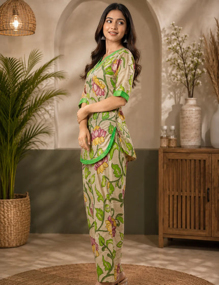 Beige-Green Painted Kalamkari Cotton Kurti Gol Palazzo Set – KalamKantha
