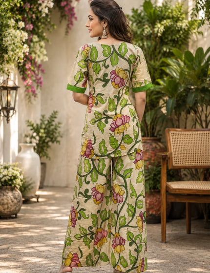 Beige-Green Painted Kalamkari Cotton Kurti Gol Palazzo Set – KalamKantha