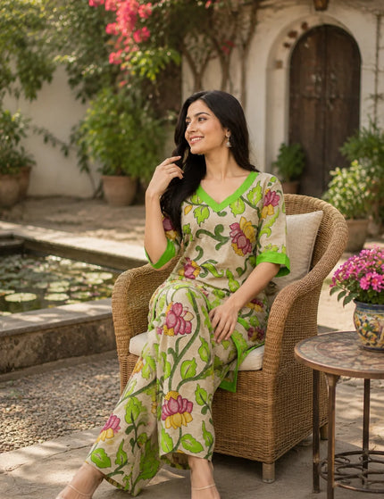 Beige-Green Painted Kalamkari Cotton Kurti Gol Palazzo Set – KalamKantha