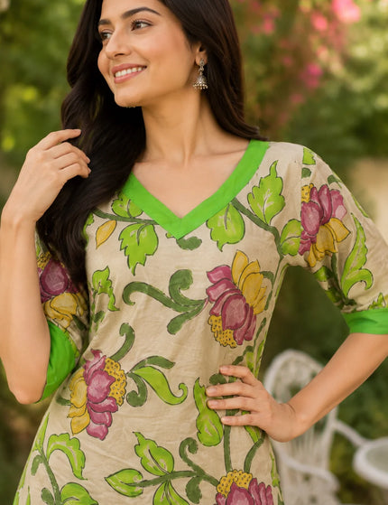 Beige-Green Painted Kalamkari Cotton Kurti Gol Palazzo Set – KalamKantha