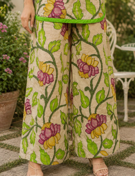 Beige-Green Painted Kalamkari Cotton Kurti Gol Palazzo Set – KalamKantha
