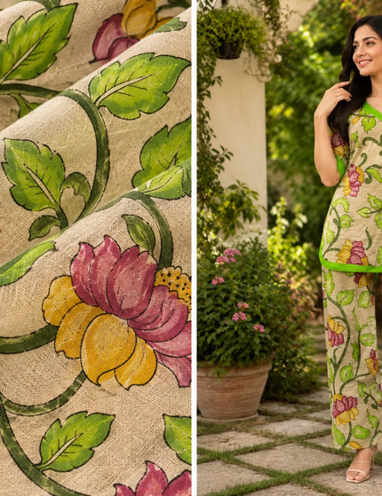 Beige-Green Painted Kalamkari Cotton Kurti Gol Palazzo Set – KalamKantha