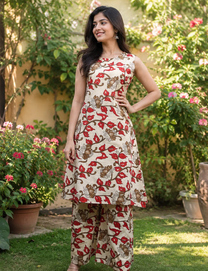 Full-length angled front view of a model wearing the ivory cotton kurti and matching gol palazzo with red and brown floral print