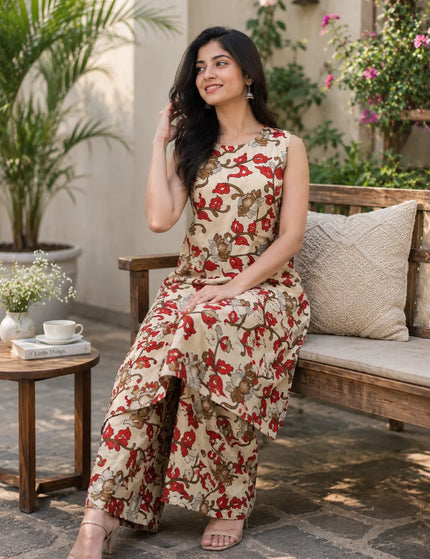 Seated three-quarter front view of the ivory cotton kurti and matching gol palazzo, showing the red and brown floral print