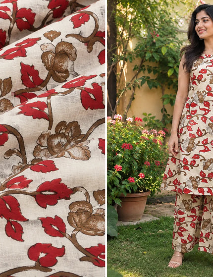 Close-up of the red and brown floral print beside a full-length angled front view of the ivory cotton kurti and gol palazzo set
