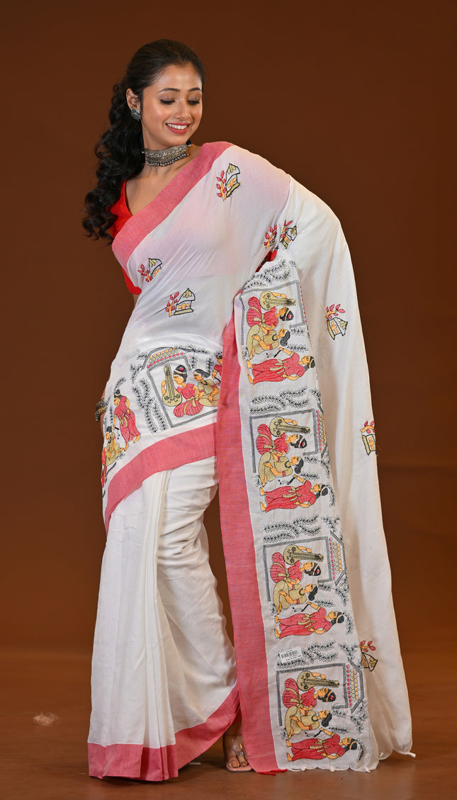 Khadi Sakuntala Saree With Traditional Folk Art Print
