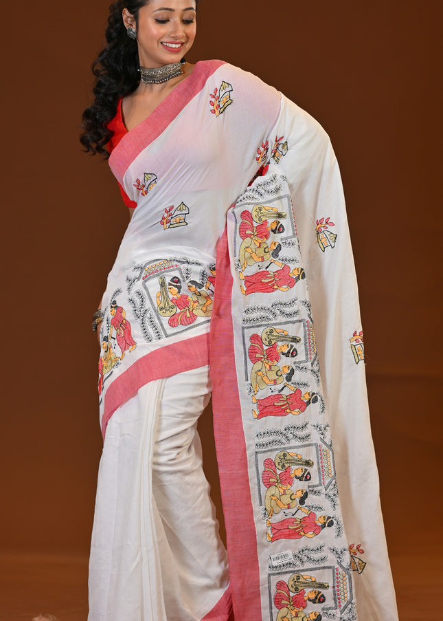 Khadi Sakuntala Saree | Traditional Folk Art Print