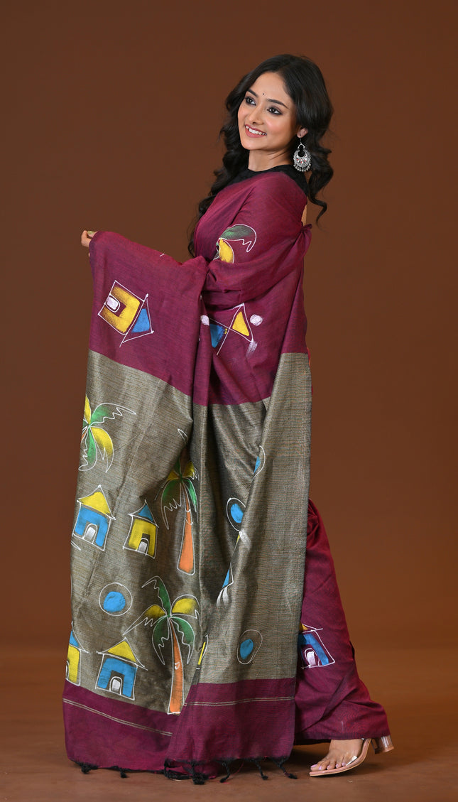 Burgundy Khadi Ghor-Bari Saree Hand Painted Pallu Folk Art