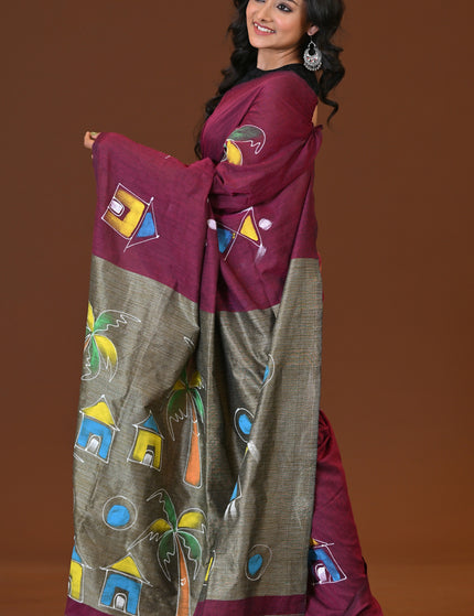 Burgundy Khadi Ghor-Bari Saree Hand Painted Pallu Folk Art