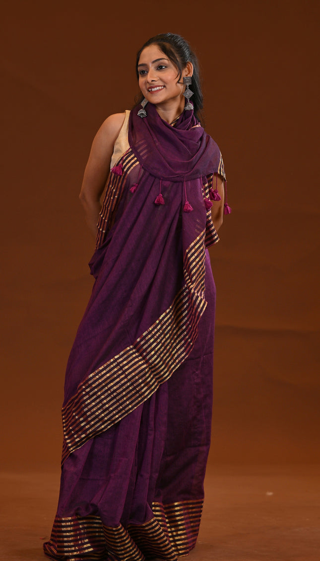 Purple Mulmul Saree With Gold Zari Border