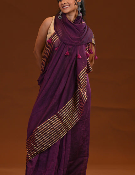 Purple Mulmul Saree With Gold Zari Border