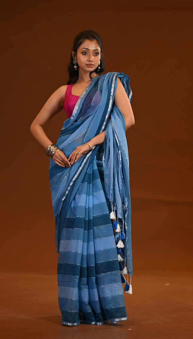 Blue Mulmul Cotton Saree With White Tassels