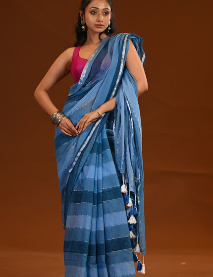 Blue Mulmul Cotton Saree With White Tassels