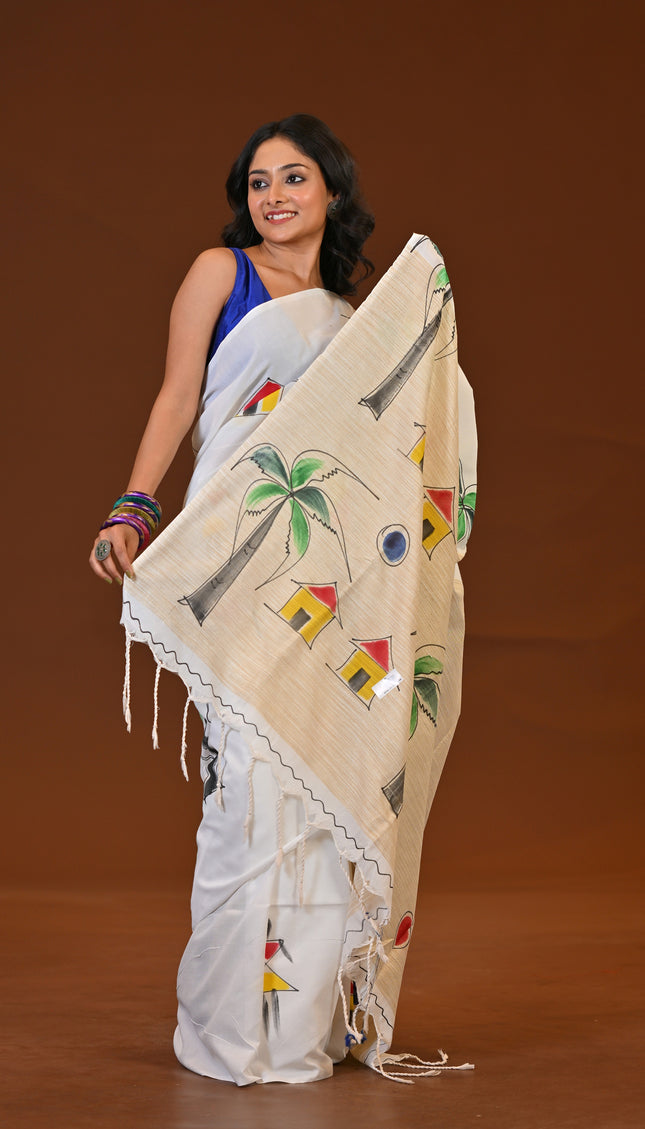 White Pure Cotton Khadi Saree | Ghor-Bari Print
