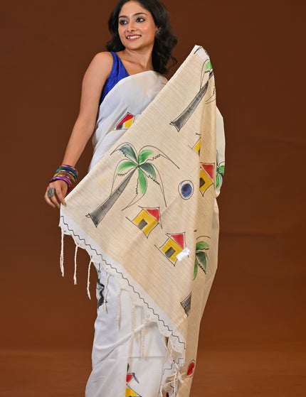 White Pure Cotton Khadi Saree | Ghor-Bari Print