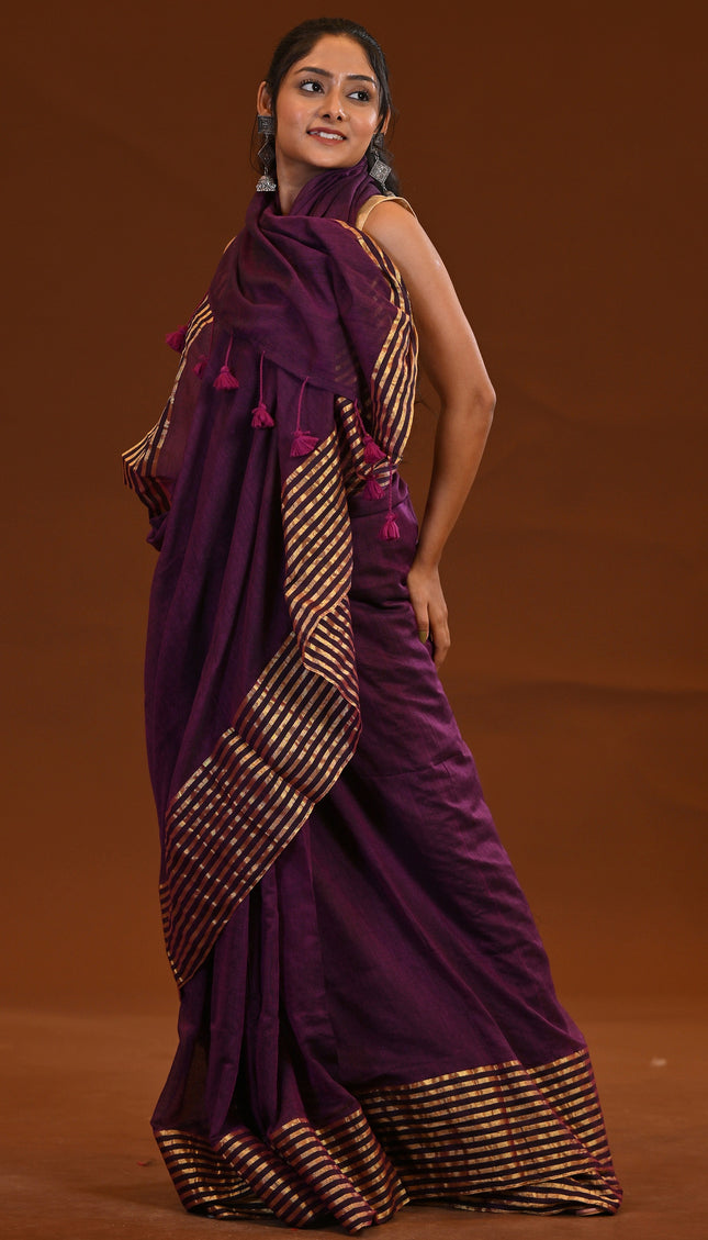 Purple Mulmul Saree With Gold Zari Border