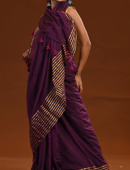 Purple Mulmul Saree With Gold Zari Border