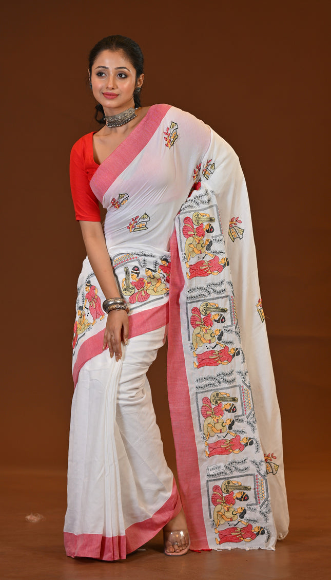 Khadi Sakuntala Saree With Traditional Folk Art Print