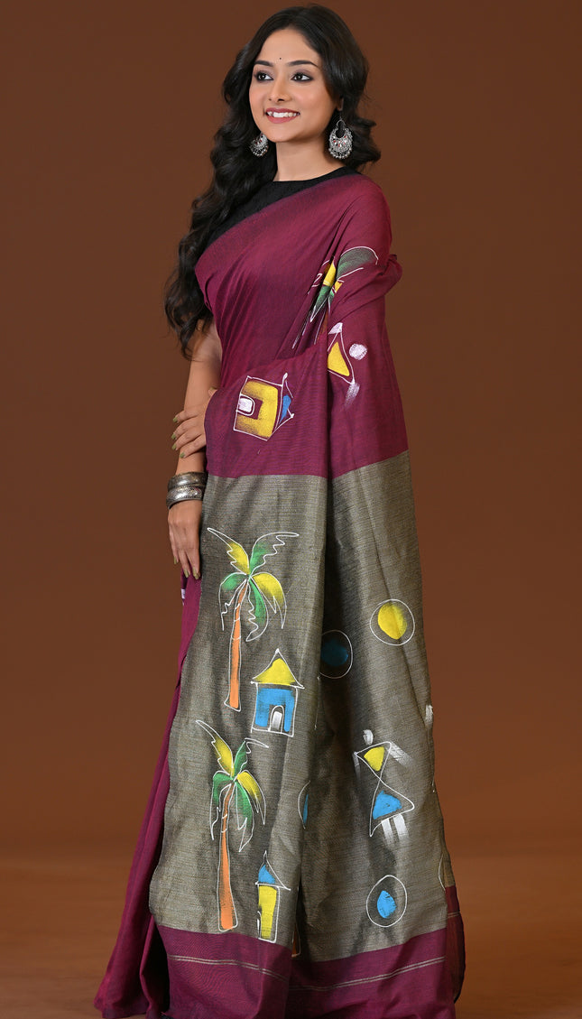 Burgundy Khadi Ghor-Bari Saree Hand Painted Pallu Folk Art