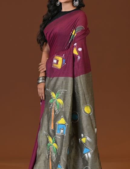 Burgundy Khadi Ghor-Bari Saree Hand Painted Pallu Folk Art