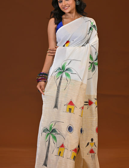 White Pure Cotton Khadi Saree | Ghor-Bari Print