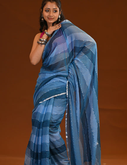 Blue Mulmul Cotton Saree With White Tassels