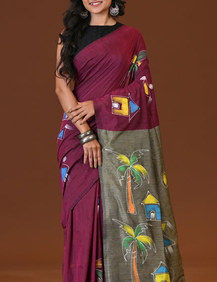 Burgundy Khadi Ghor-Bari Saree Hand Painted Pallu Folk Art