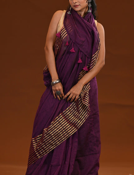 Purple Mulmul Saree With Gold Zari Border