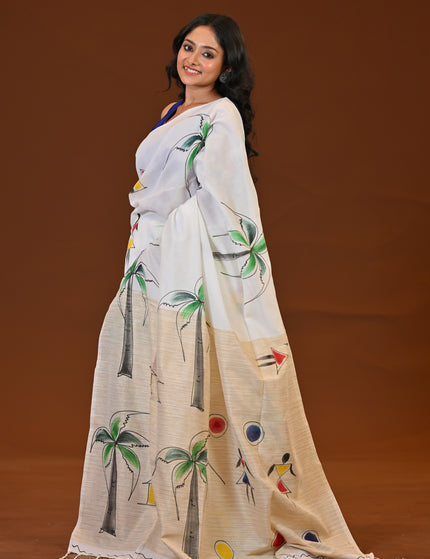 White Pure Cotton Khadi Saree | Ghor-Bari Print