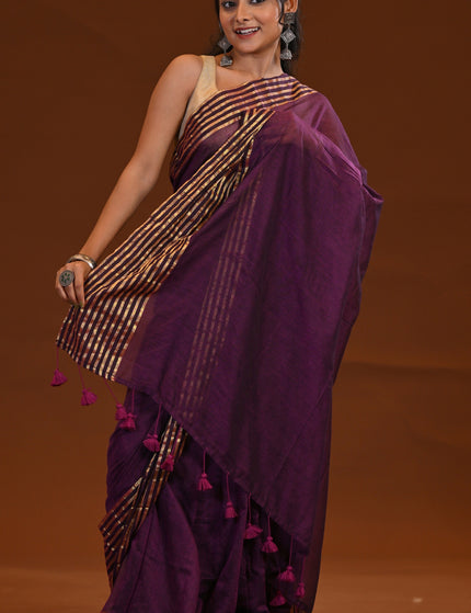 Purple Mulmul Saree With Gold Zari Border