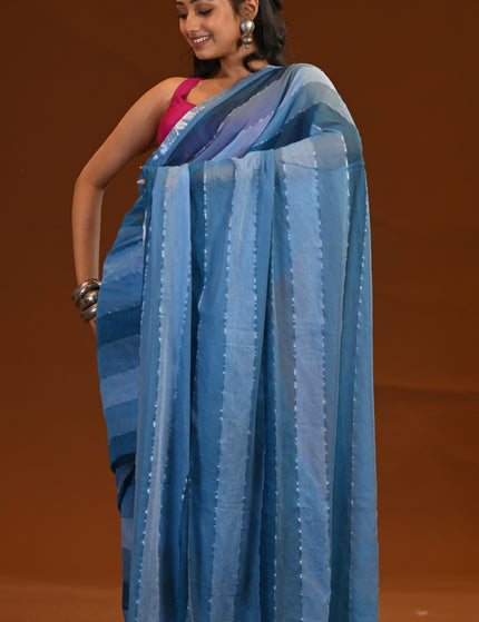 Blue Mulmul Cotton Saree With White Tassels