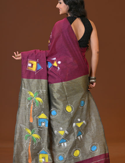 Burgundy Khadi Ghor-Bari Saree Hand Painted Pallu Folk Art