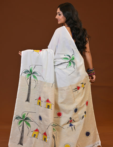 White Pure Cotton Khadi Saree | Ghor-Bari Print