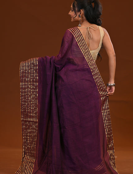Purple Mulmul Saree With Gold Zari Border