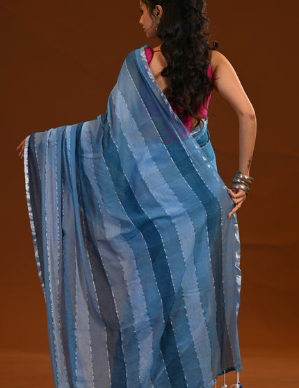Blue Mulmul Cotton Saree With White Tassels