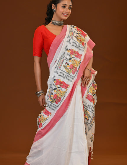 Khadi Sakuntala Saree With Traditional Folk Art Print